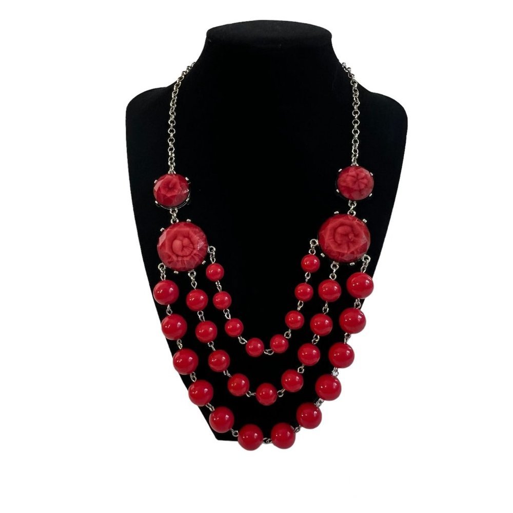 New York and Company Red Necklace Chunky Faceted & Round Beads Multi Strand